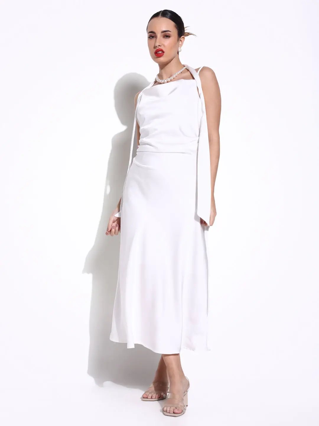 Women's White Satin Cowl Neck Slip Dress with Waist Tie