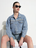 Women's Embellished Blue Spread Collar Relaxed Fit Denim Jacket