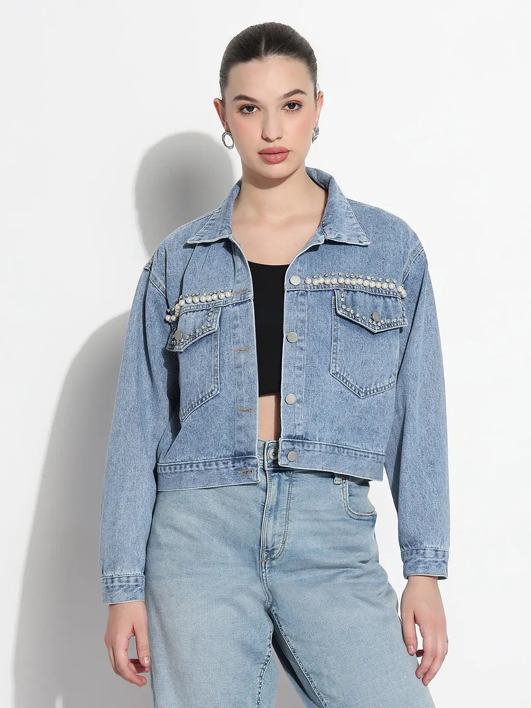 Women's Embellished Blue Spread Collar Relaxed Fit Denim Jacket