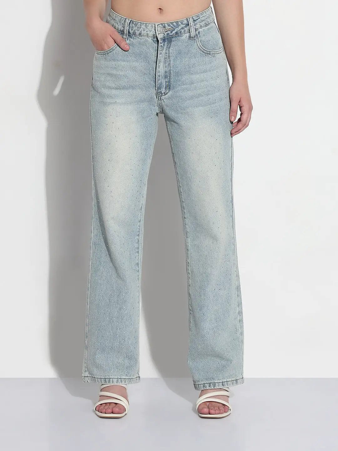 Women's Blue Embellished Straight Fit Jeans