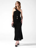 Women's Draped Black One-Shoulder Maxi Dress