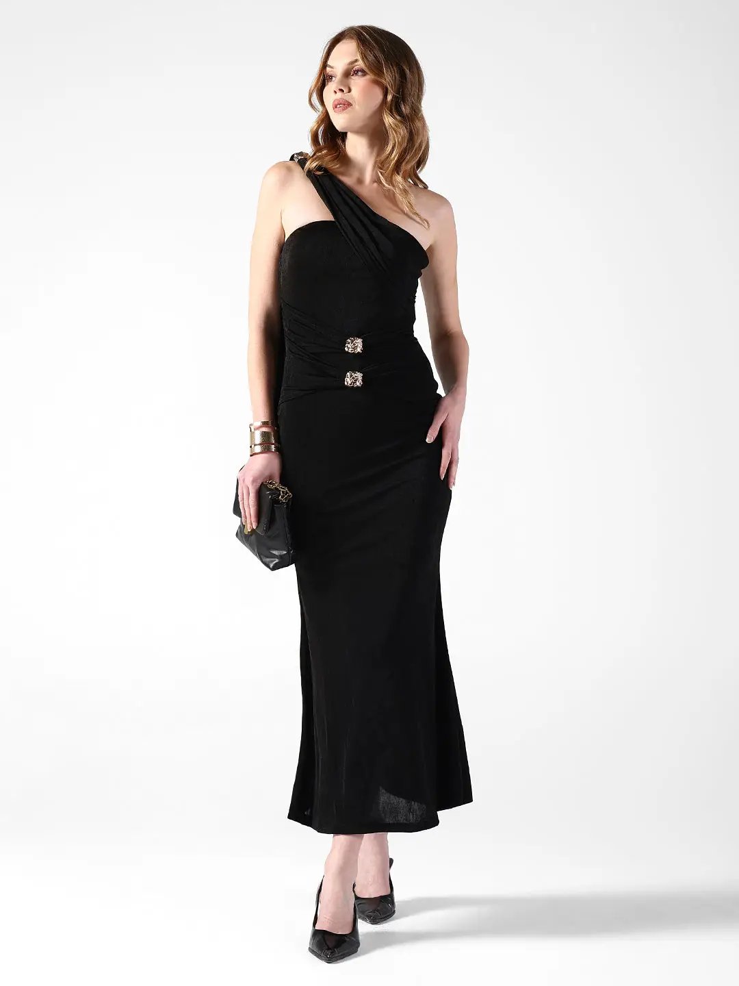 Women's Draped Black One-Shoulder Maxi Dress