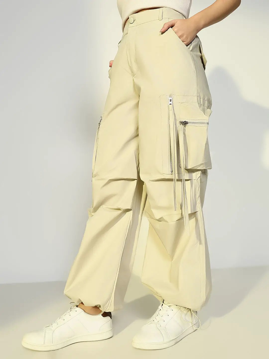Women's Beige Parachute Pants with Side Pocket and Zip Detail