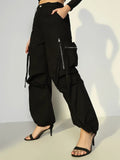 Women's Black Parachute Pants with Side Pocket and Zip Detail