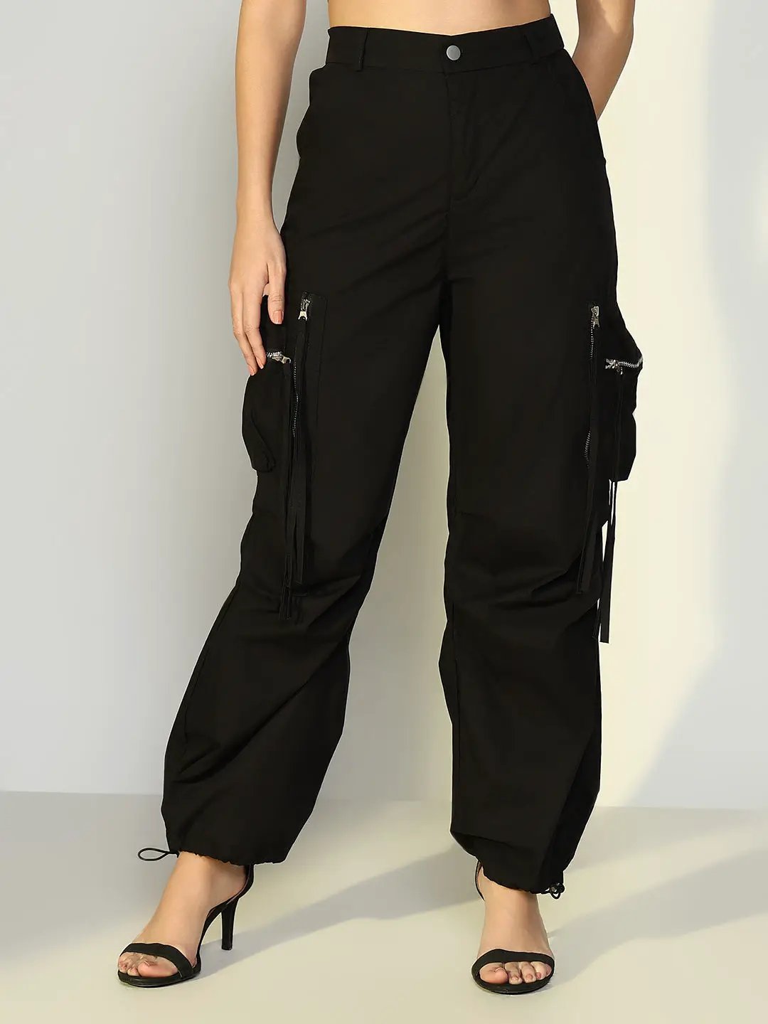 Women's Black Parachute Pants with Side Pocket and Zip Detail
