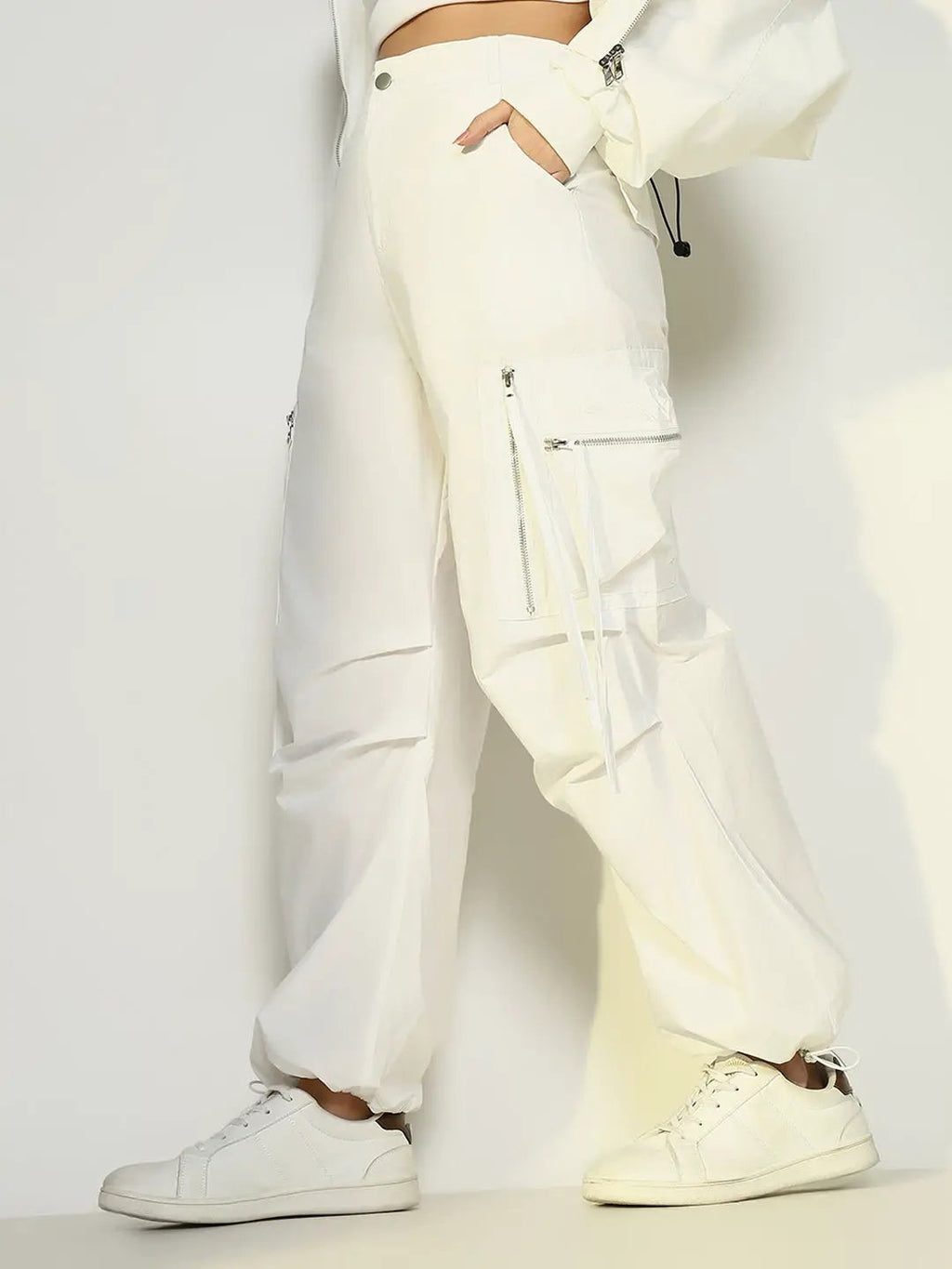 Women's White Parachute Pants with Side Pocket and Zip Detail