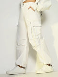 Women's White Parachute Pants with Side Pocket and Zip Detail