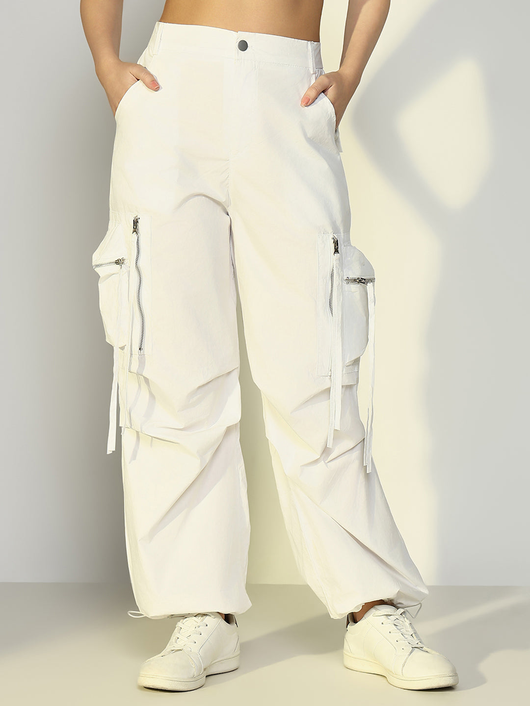 Women's White Parachute Pants with Side Pocket and Zip Detail