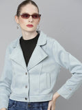 Women's Blue Suede Crop Tailored Jacket