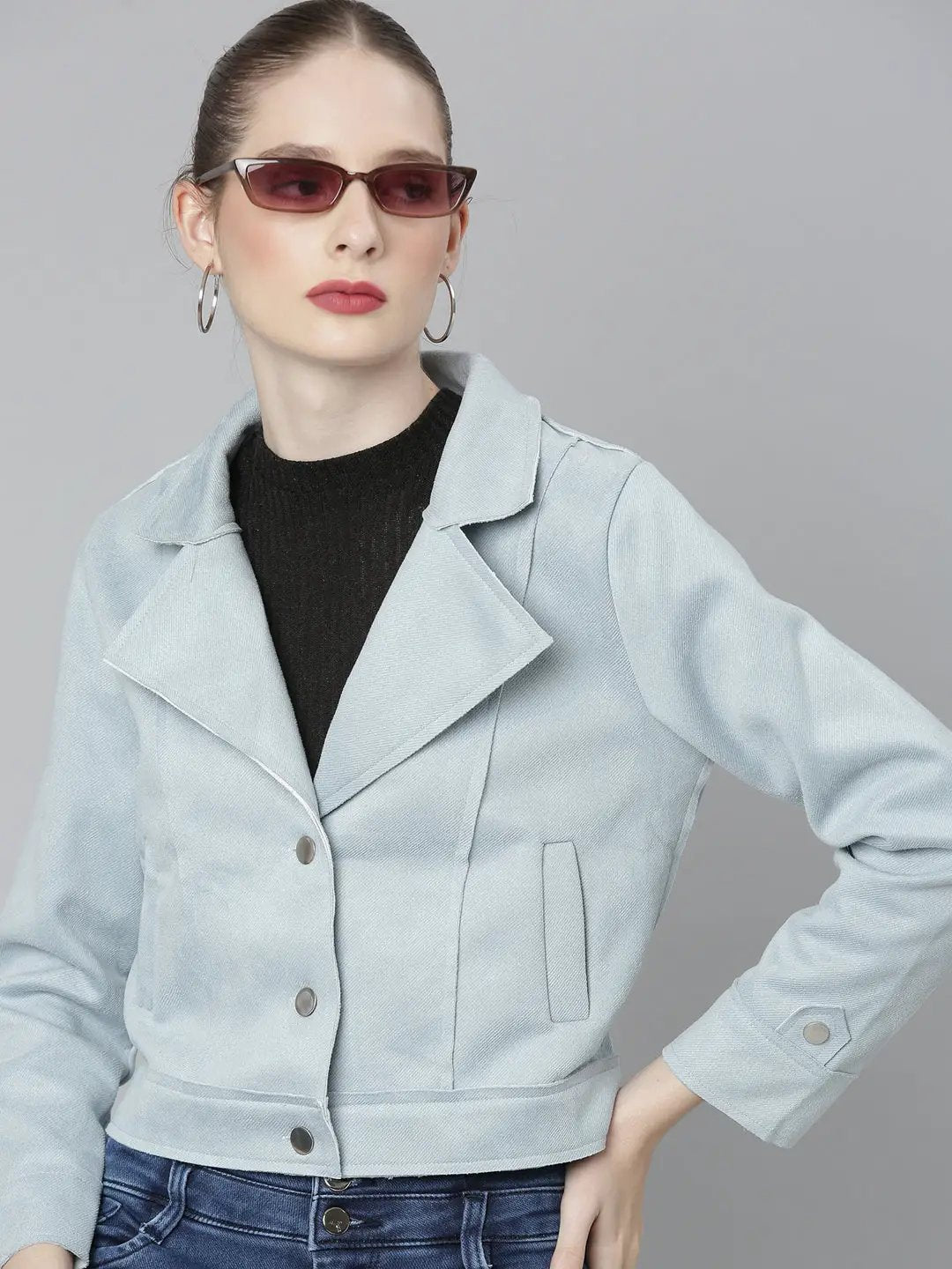 Women's Blue Suede Crop Tailored Jacket