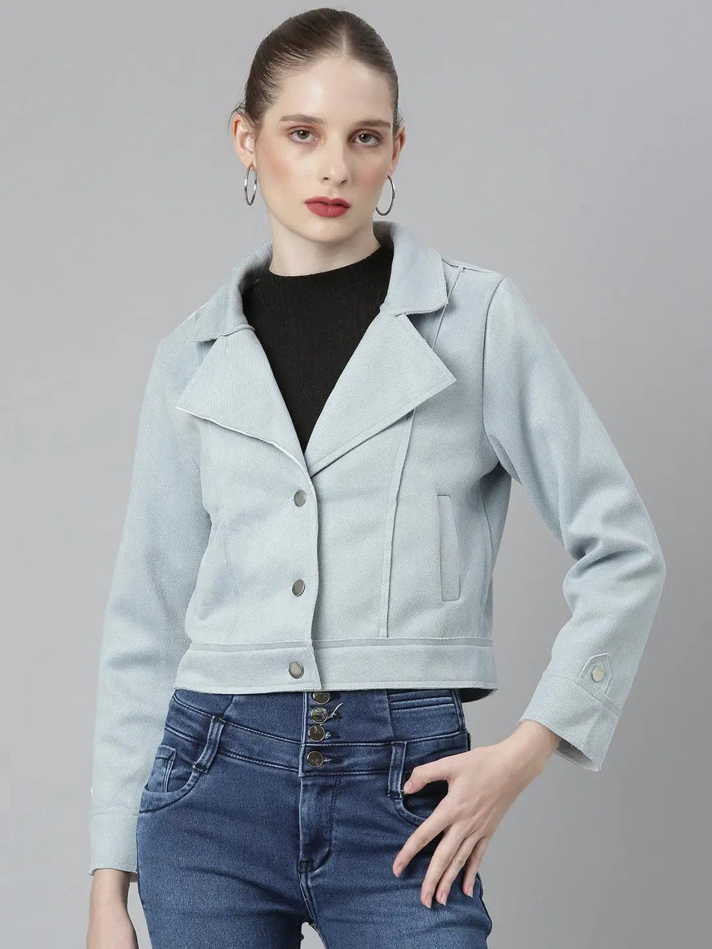Women's Blue Suede Crop Tailored Jacket