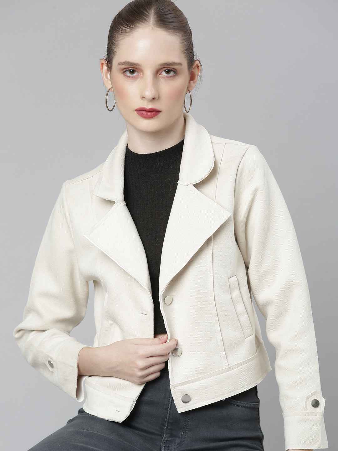 Women's Cream Lapel Collar Crop Tailored Jacket