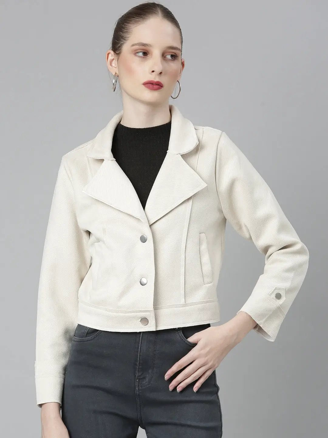 Women's Cream Lapel Collar Crop Tailored Jacket