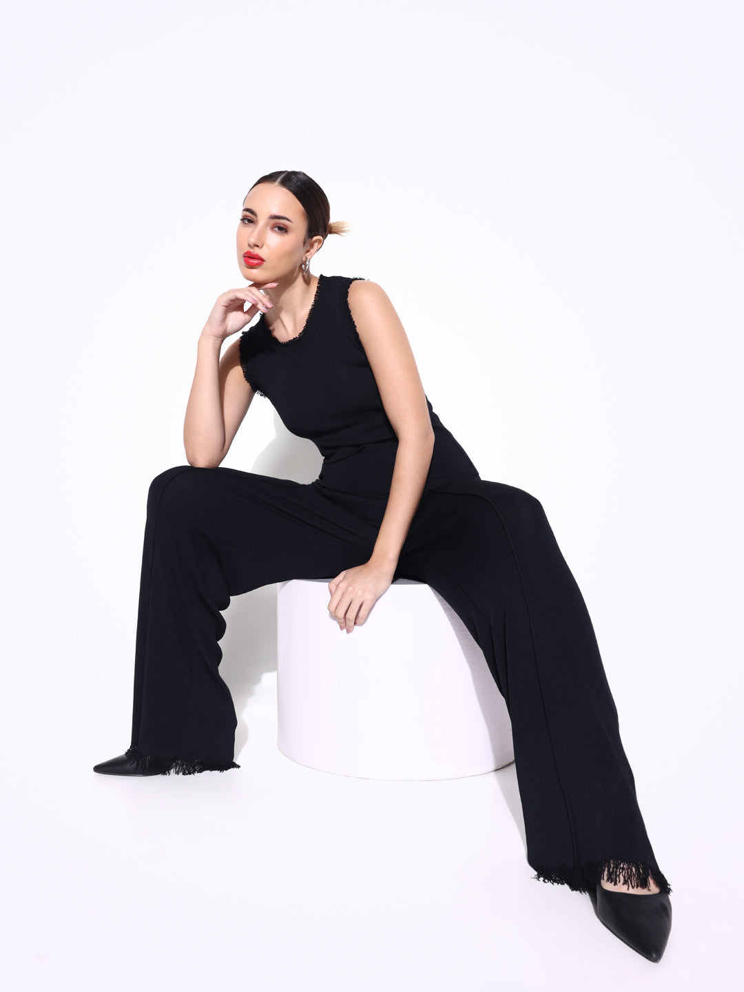Women's Black Frayed Top with Pants Co-Ords Set