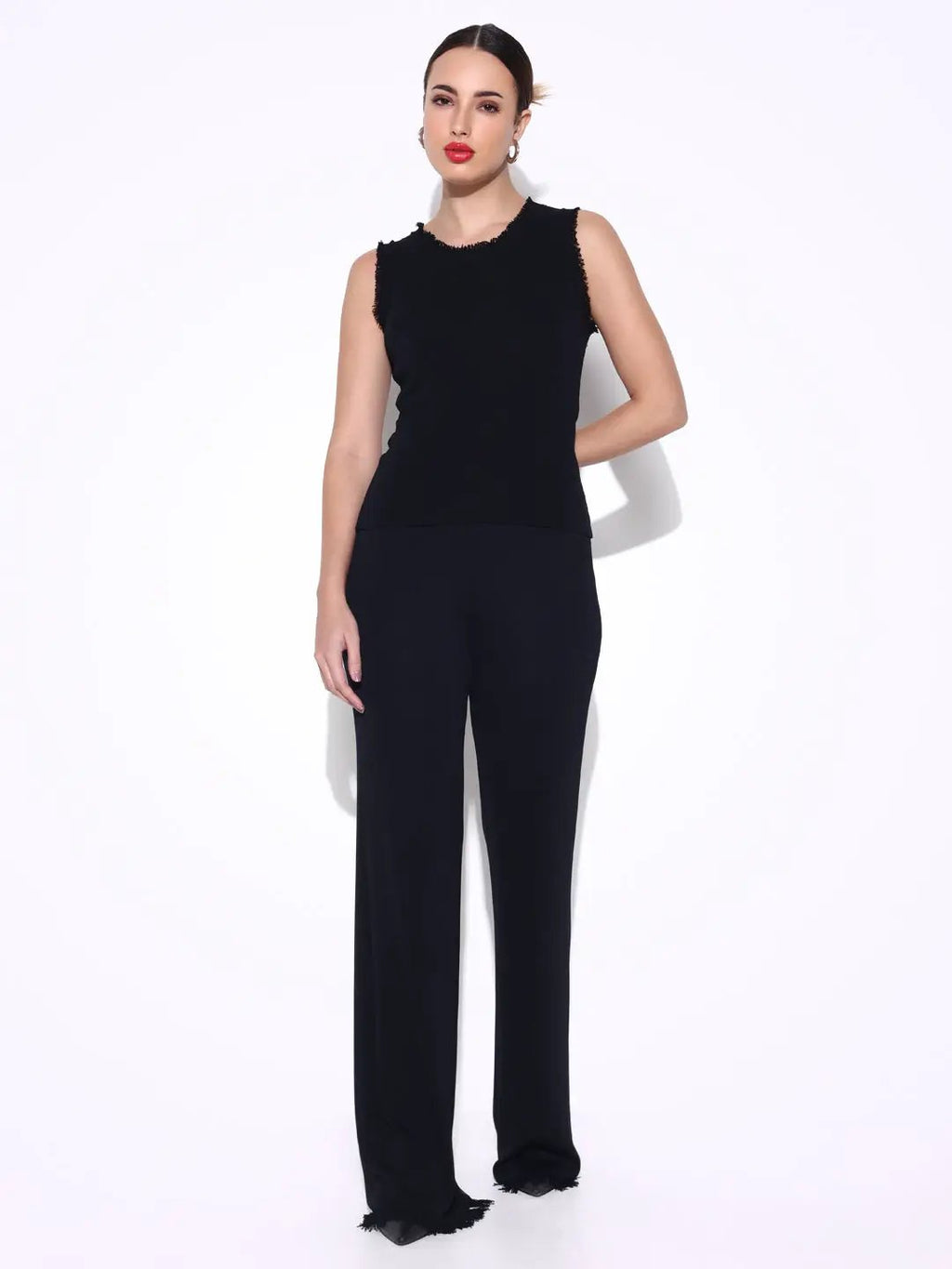 Women's Black Frayed Top with Pants Co-Ords Set