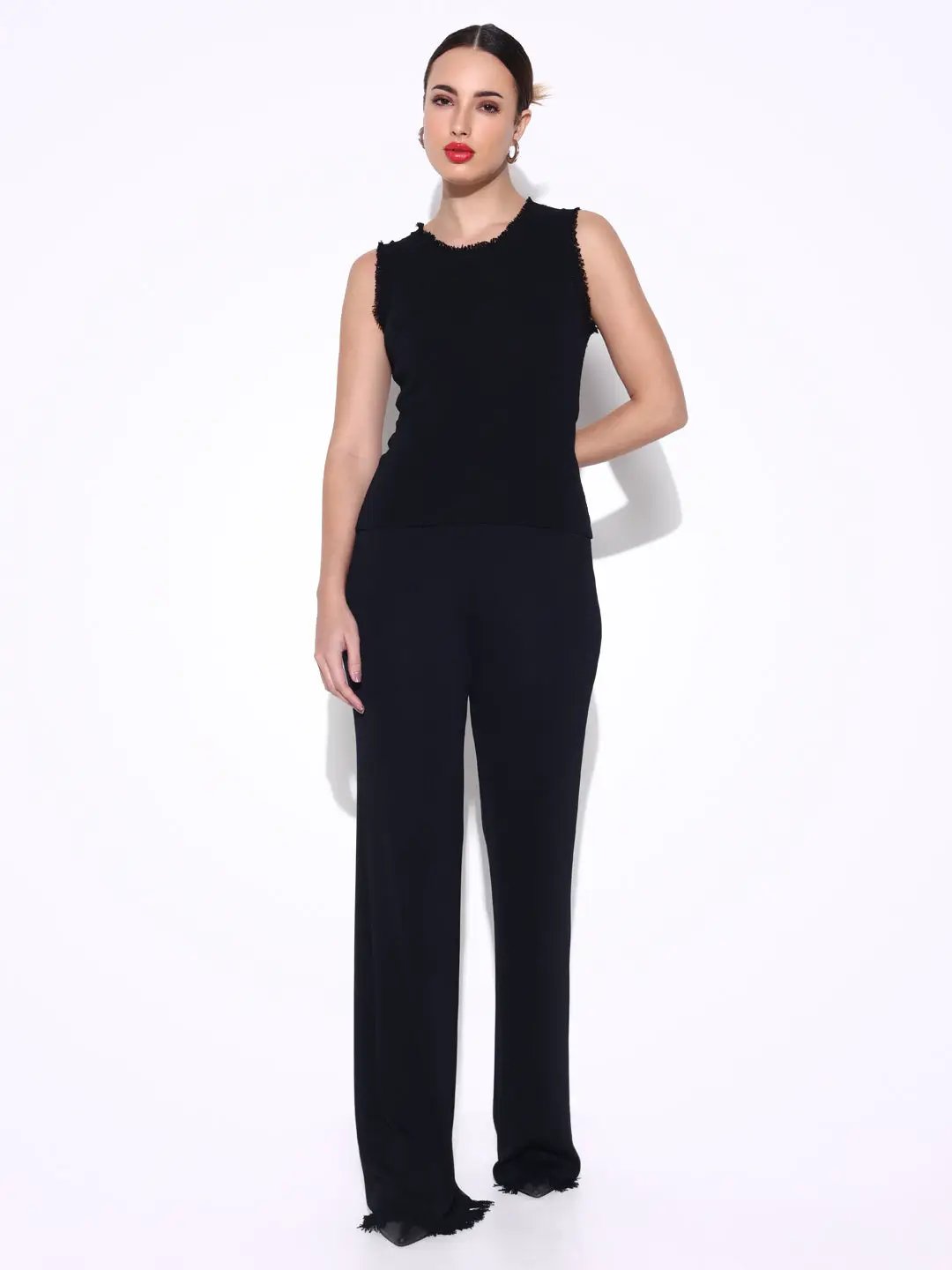 Women's Black Frayed Top with Pants Co-Ords Set