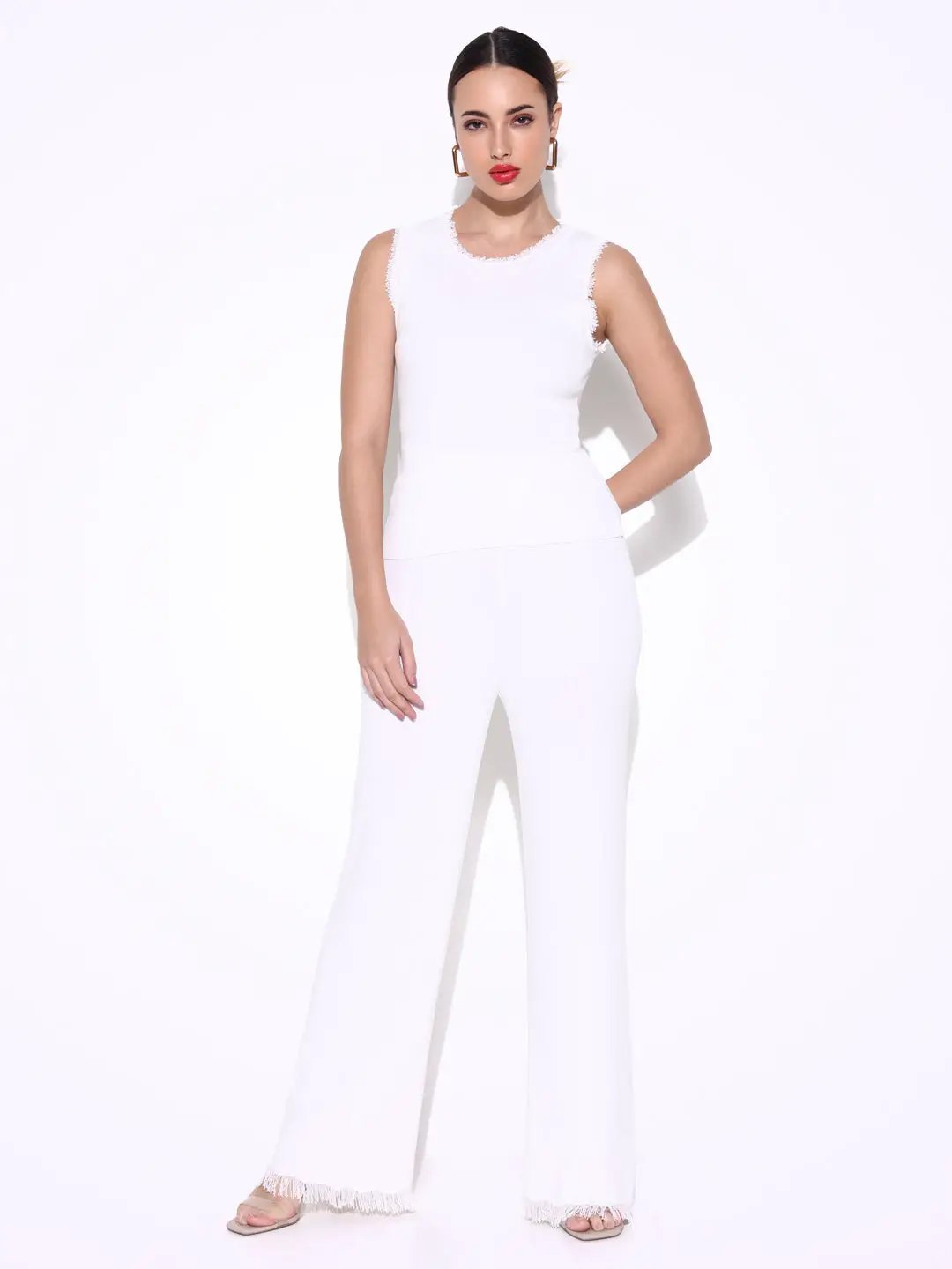 Women's White Frayed Top with Pants Co-Ords Set