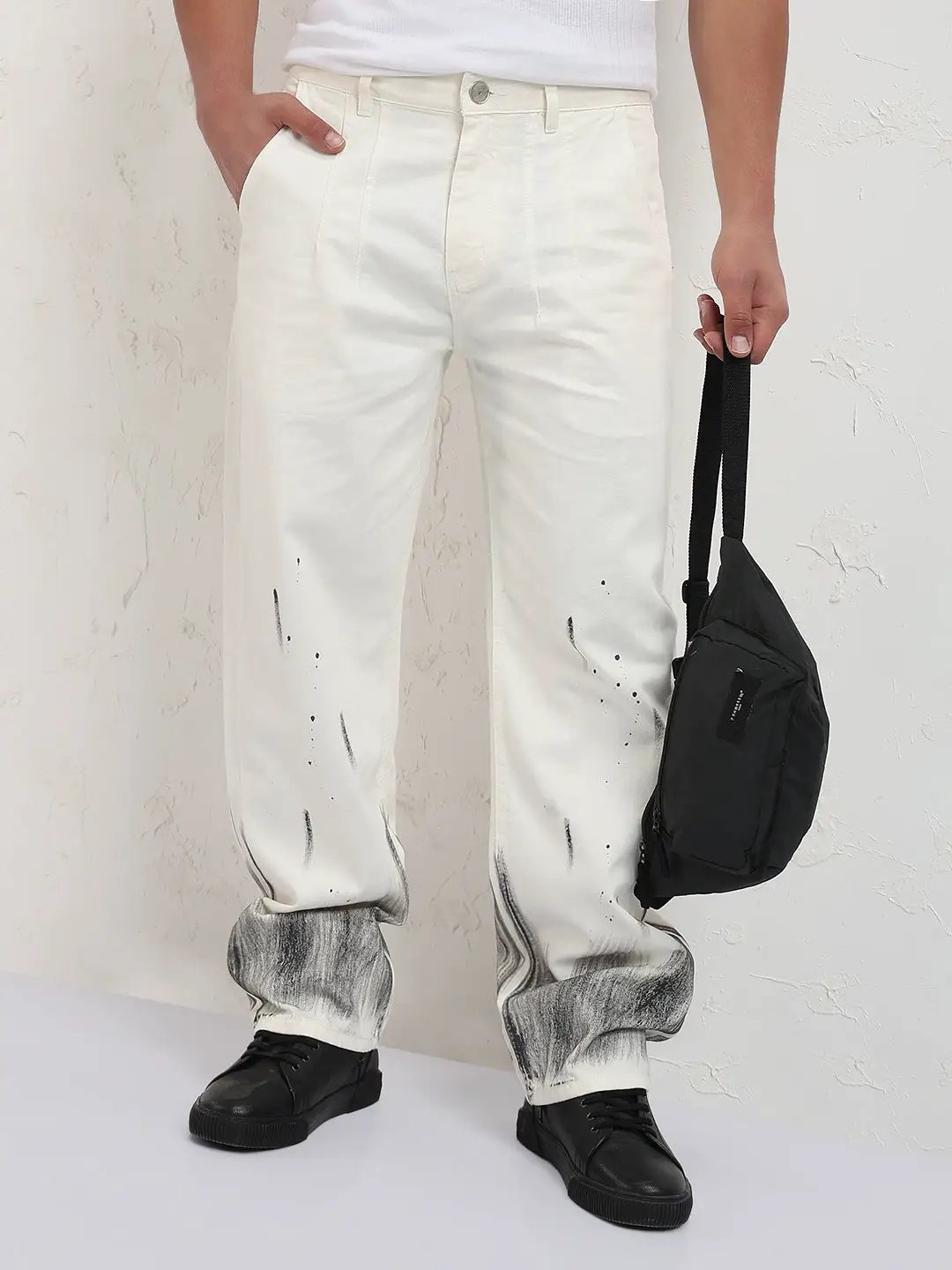 Men's White Wide Leg Jeans with Shaded Hemline