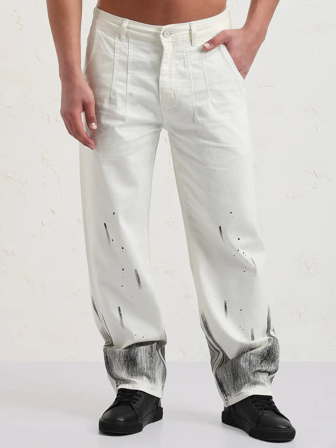 Men's White Wide Leg Jeans with Shaded Hemline