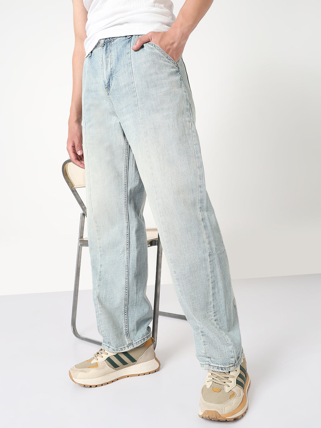 Men's Blue Washed Straight Fit Front Seam Jeans