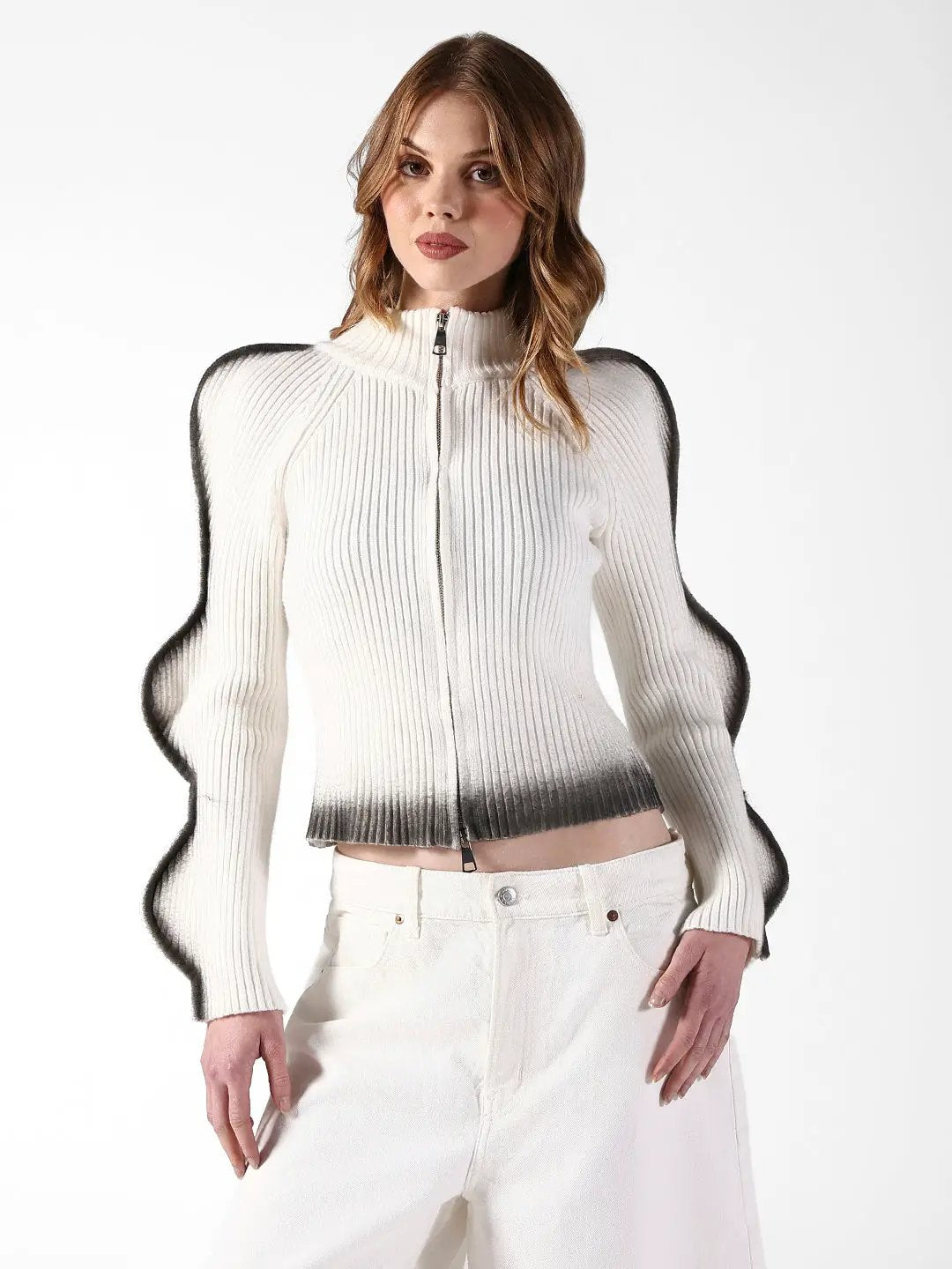 Women's Ribbed White Ombre Sculpted Sleeve Top