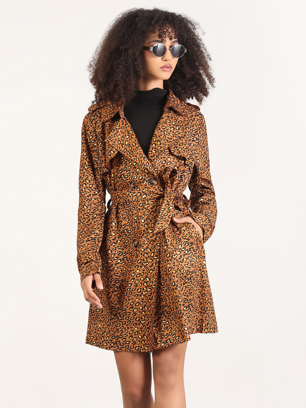 Women's Animal Print Brown Spread Collar Trench Coat with Fabric Belt