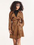 Women's Animal Print Brown Spread Collar Trench Coat with Fabric Belt