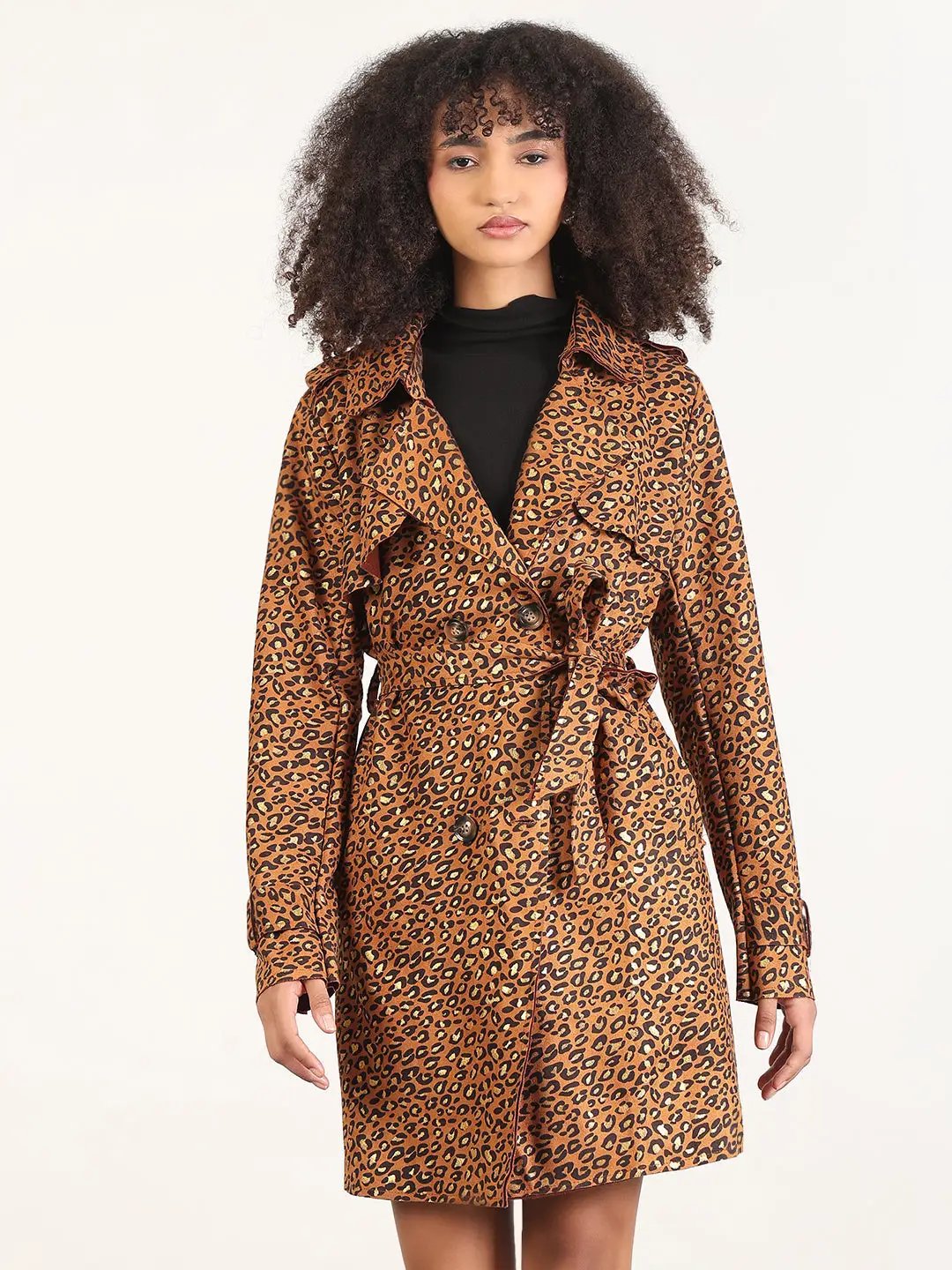 Women's Animal Print Brown Spread Collar Trench Coat with Fabric Belt