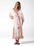 Women's Printed Cream Wrap Maxi Dress