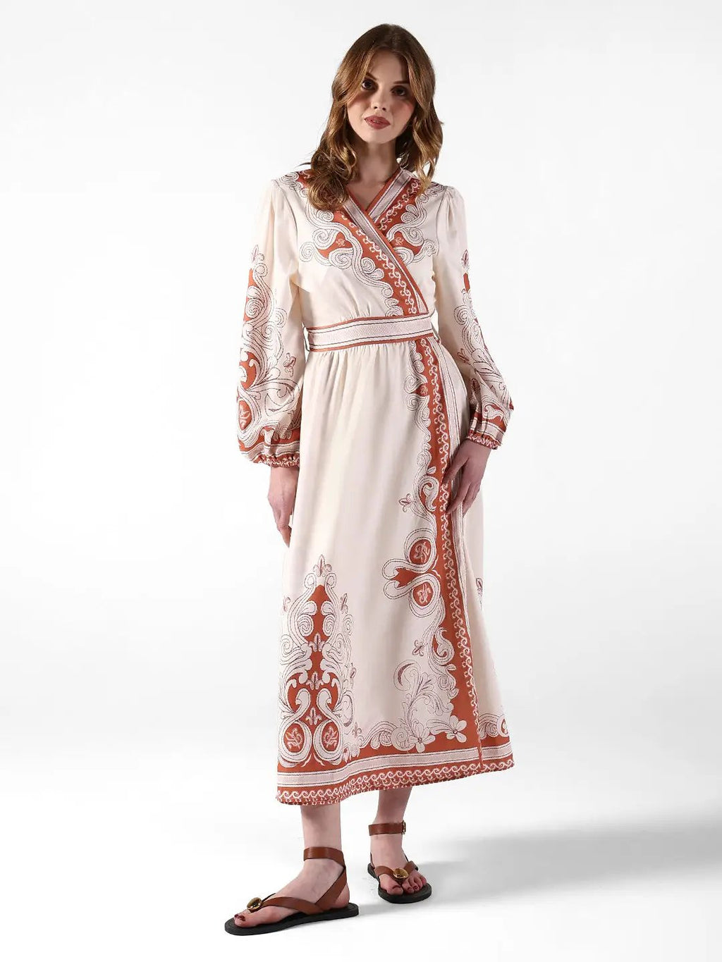 Women's Printed Cream Wrap Maxi Dress