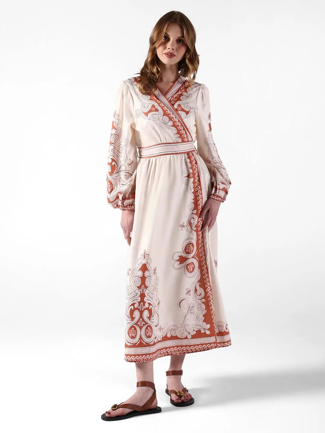 Women's Printed Cream Wrap Maxi Dress