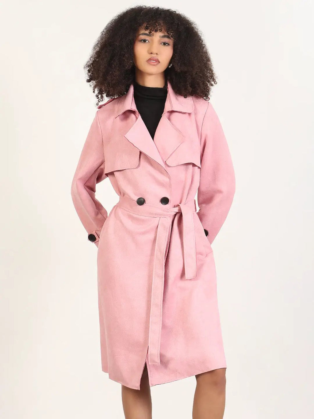 Women's Solid Pink Lapel Collar Longline Trench Coat with Fabric Belt