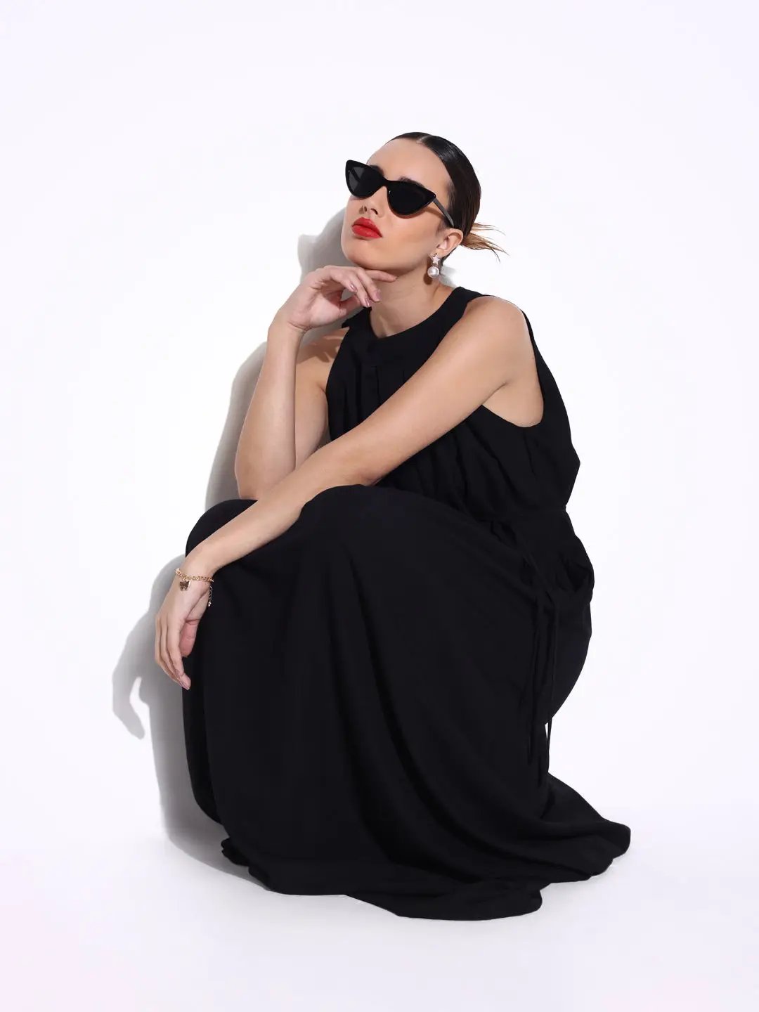 Women's Black Maxi Dress with Waist Tie