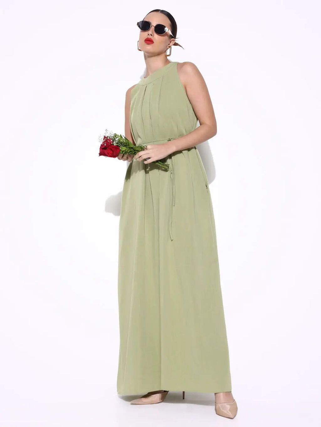 Women's Green Maxi Dress with Waist Tie