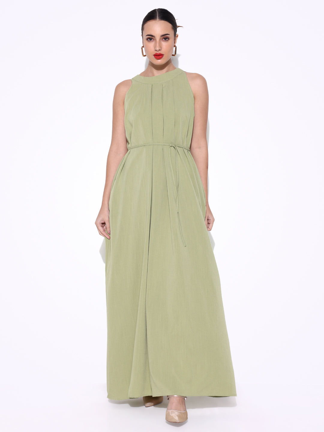 Women's Green Maxi Dress with Waist Tie