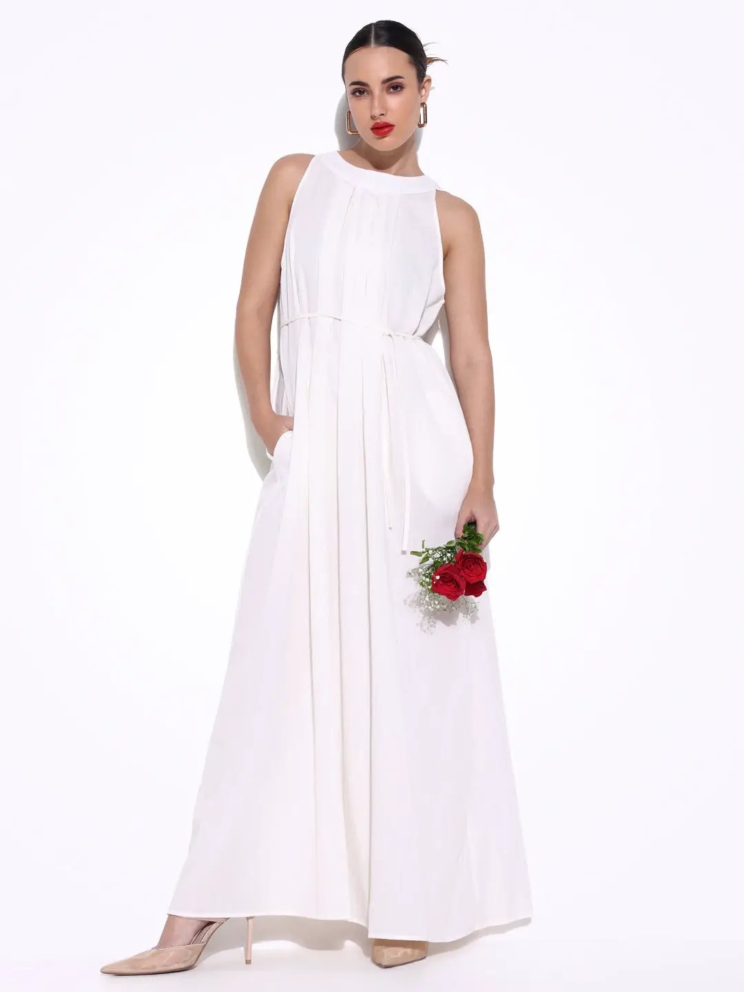 Women's White Maxi Dress with Waist Tie