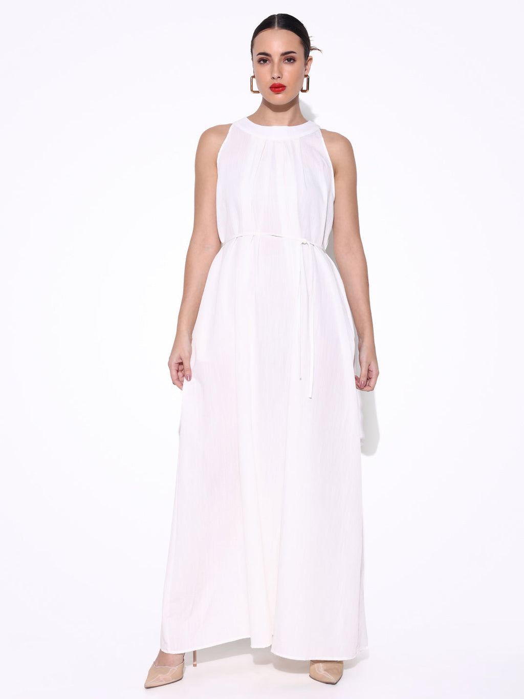 Women's White Maxi Dress with Waist Tie