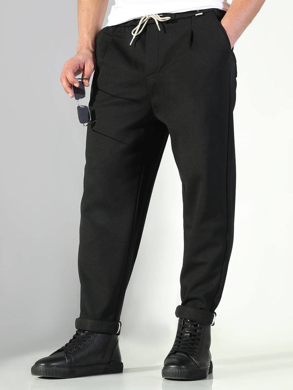Men's Black Solid Korean Trousers