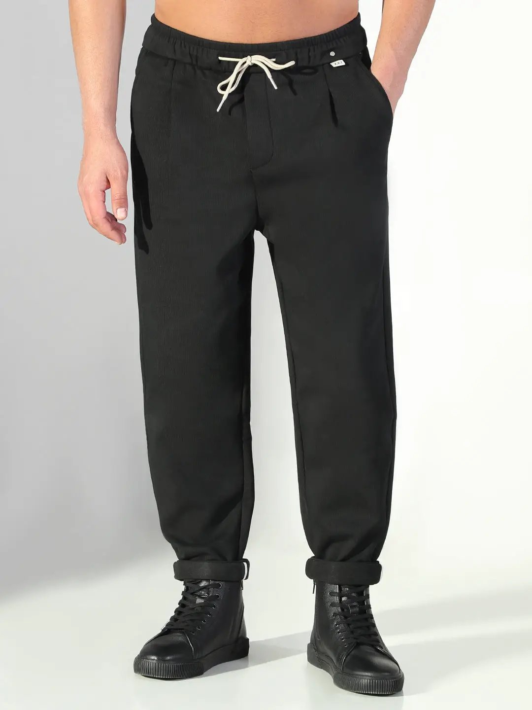 Men's Black Solid Korean Trousers