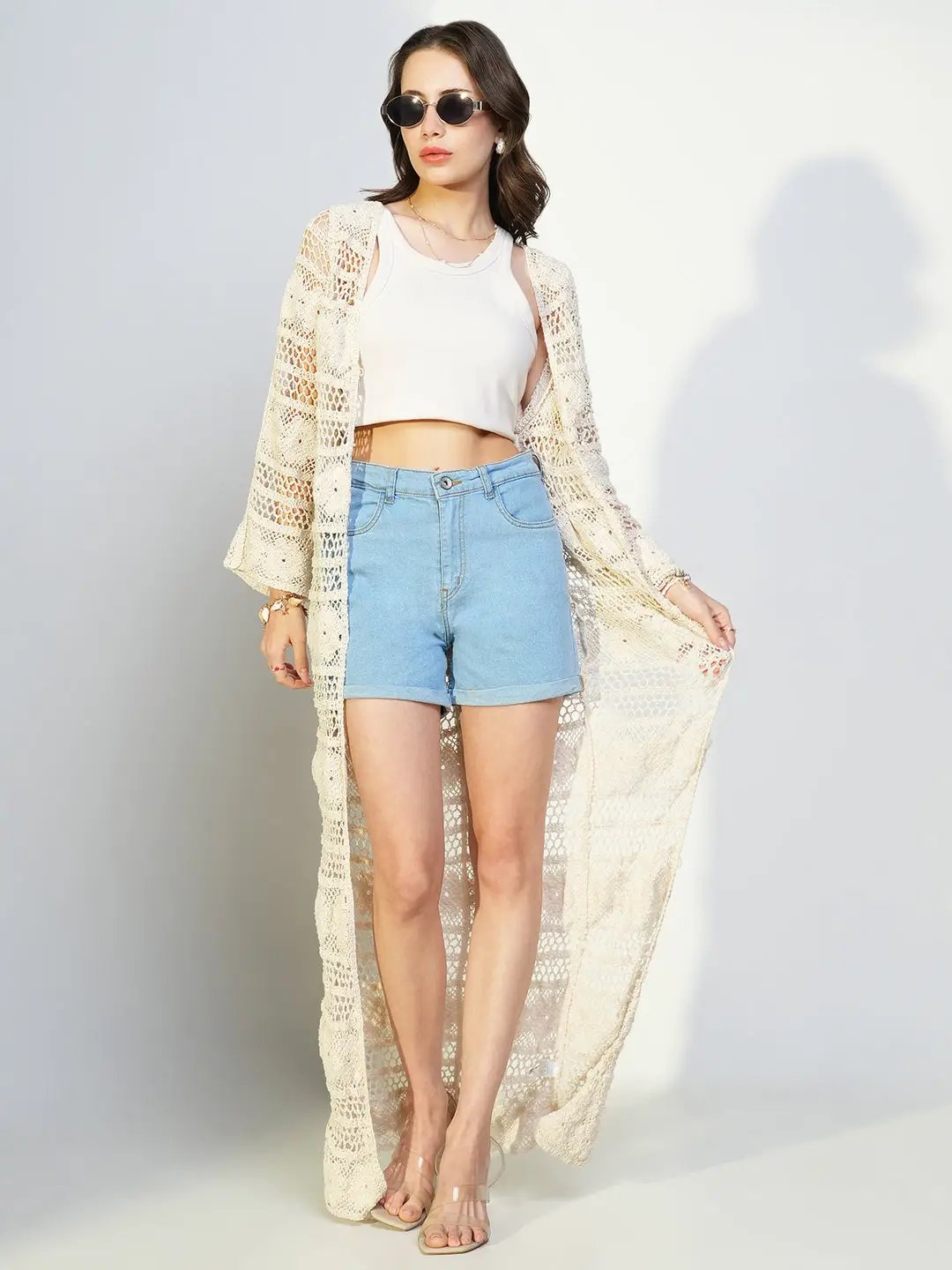 Women's Cream Solid Longline Crochet Shrug