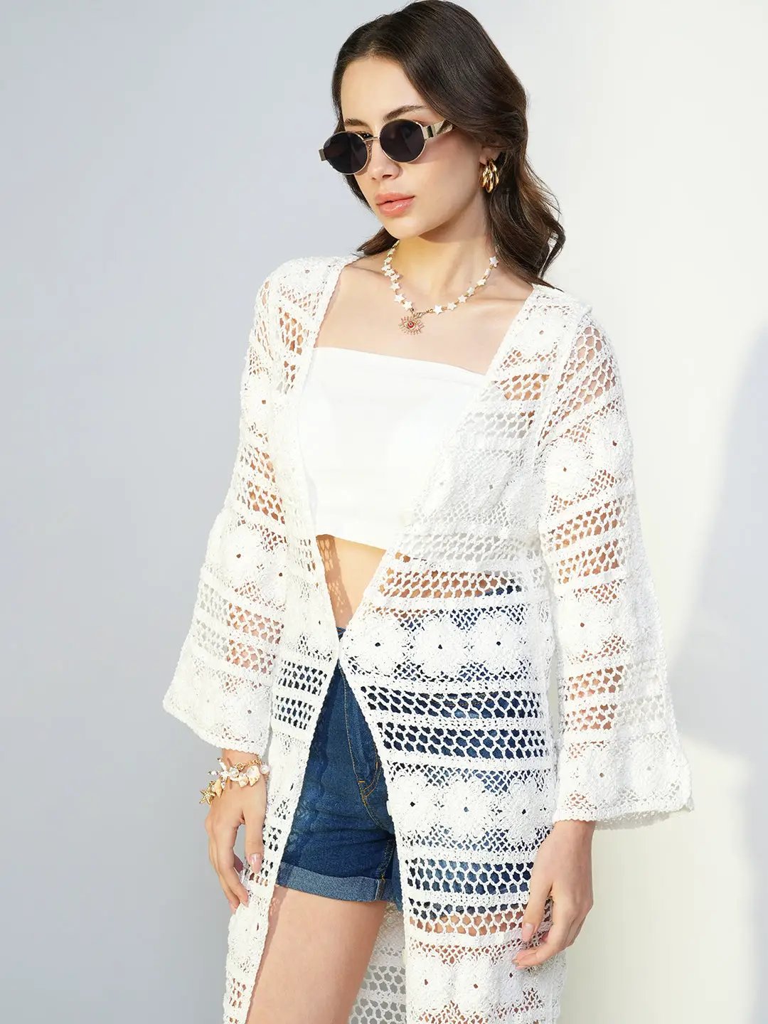 Women's White Acrylic Longline Open Front Shrug