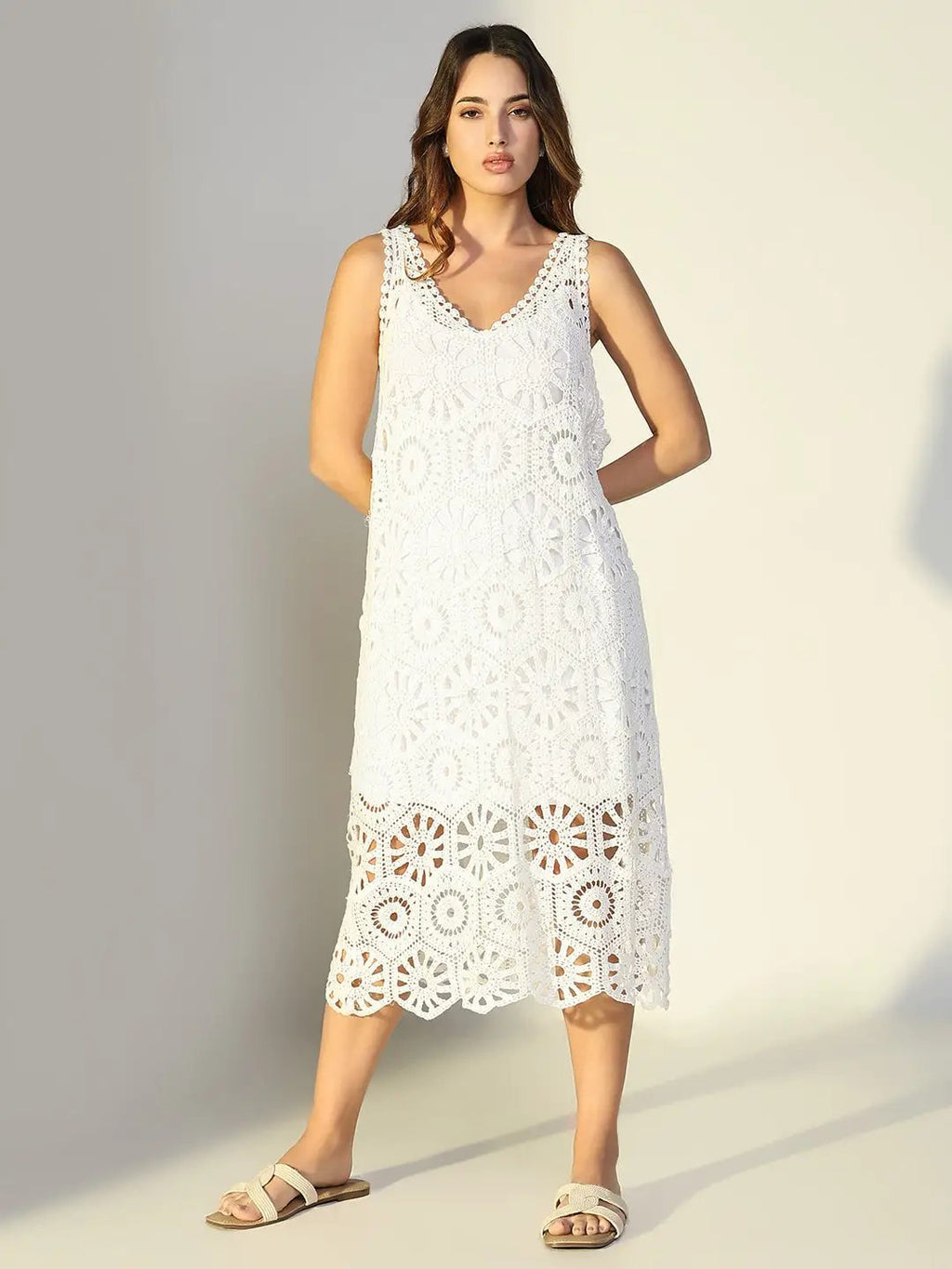 Women's Solid White A Line Crochet Dress