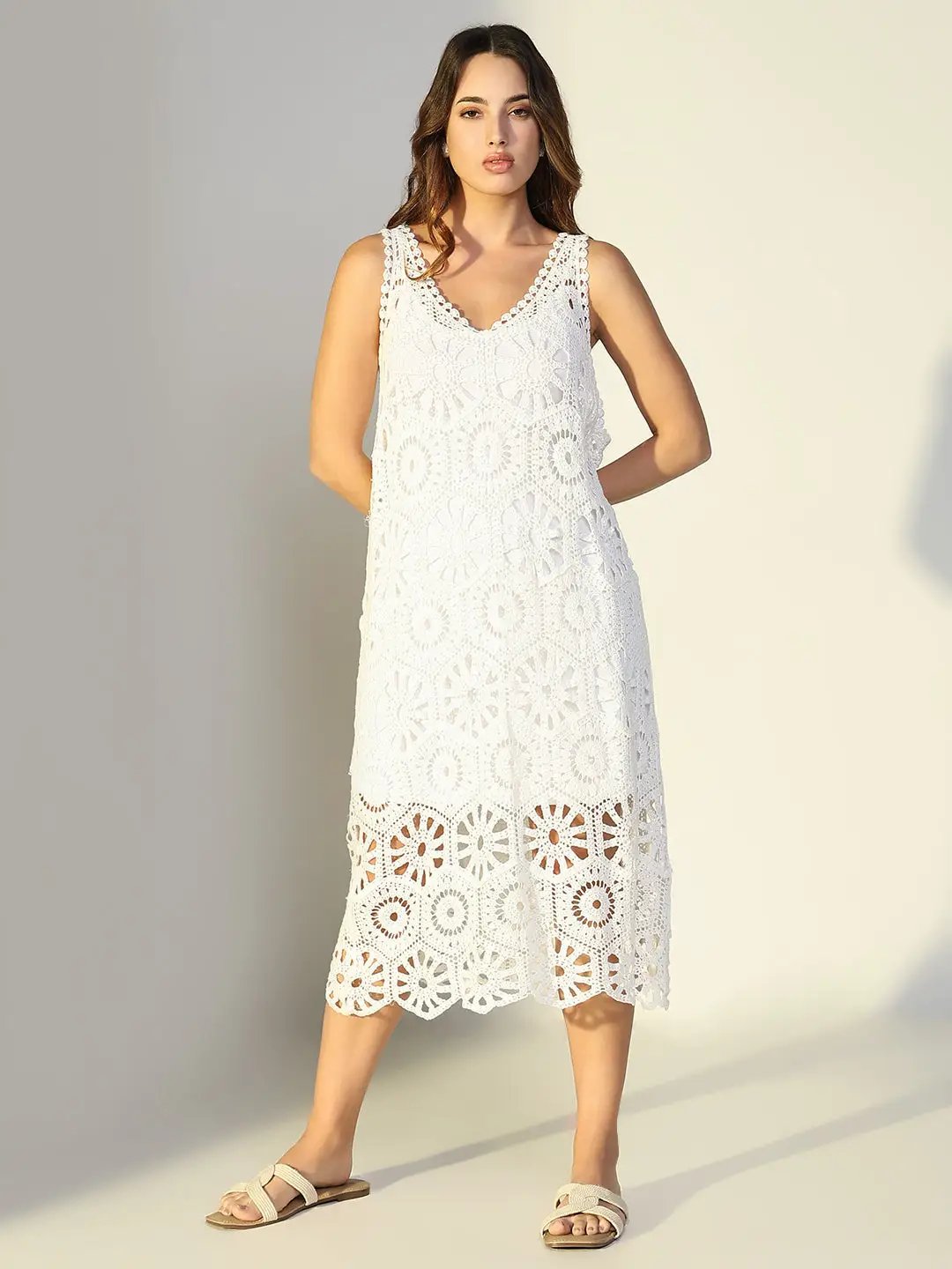 Women's Solid White A Line Crochet Dress