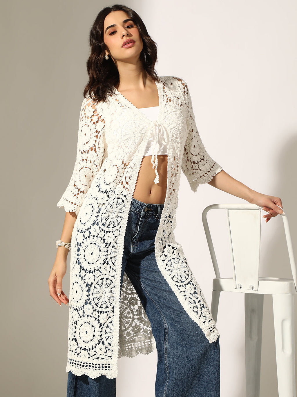 Women's White Crochet Tie-Up Shrug with Scalloped Hem