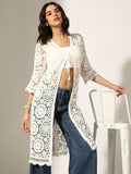 Women's White Crochet Tie-Up Shrug with Scalloped Hem