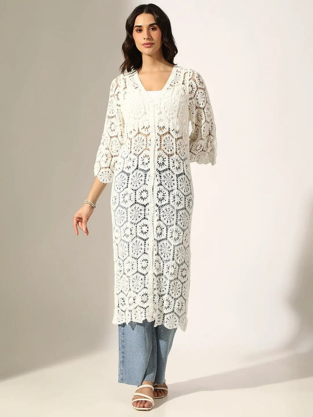 Women's White Crochet Button Up Shrug