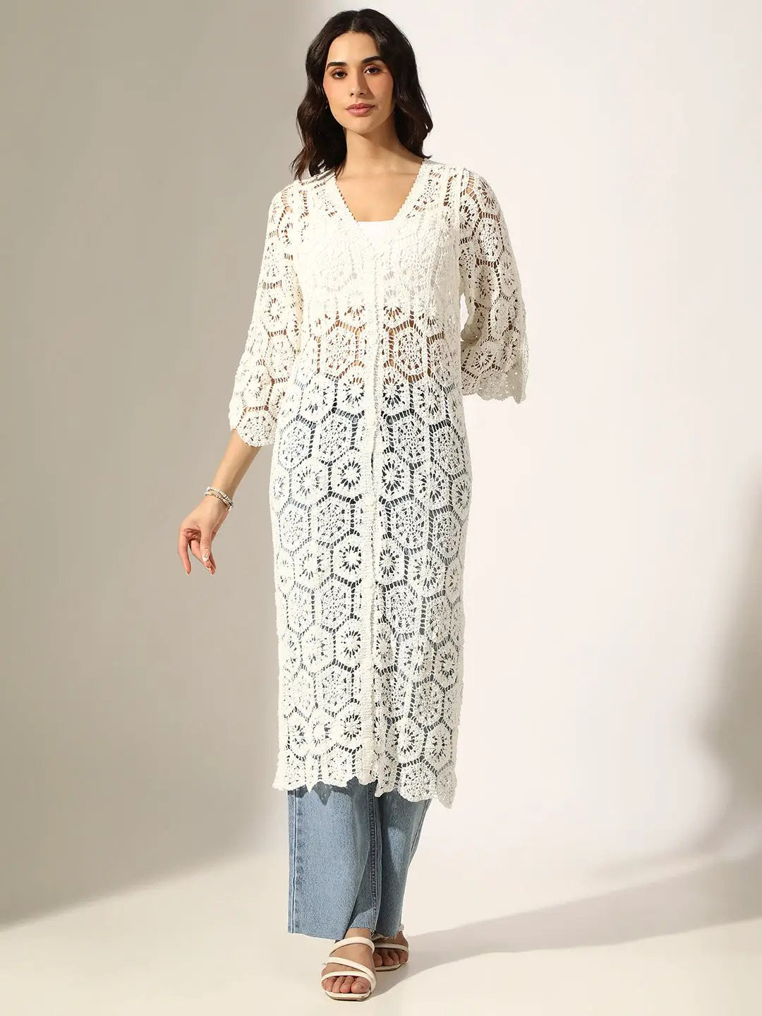 Women's White Crochet Button Up Shrug
