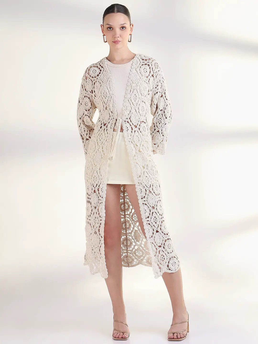 Women's Self Design Cream Longline Crochet Shrug