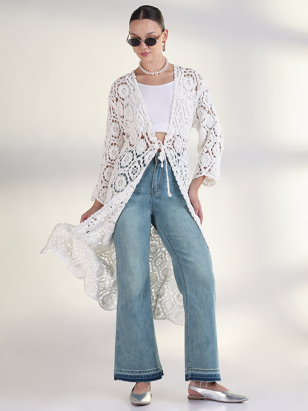 Women's Self Design White Longline Crochet Shrug