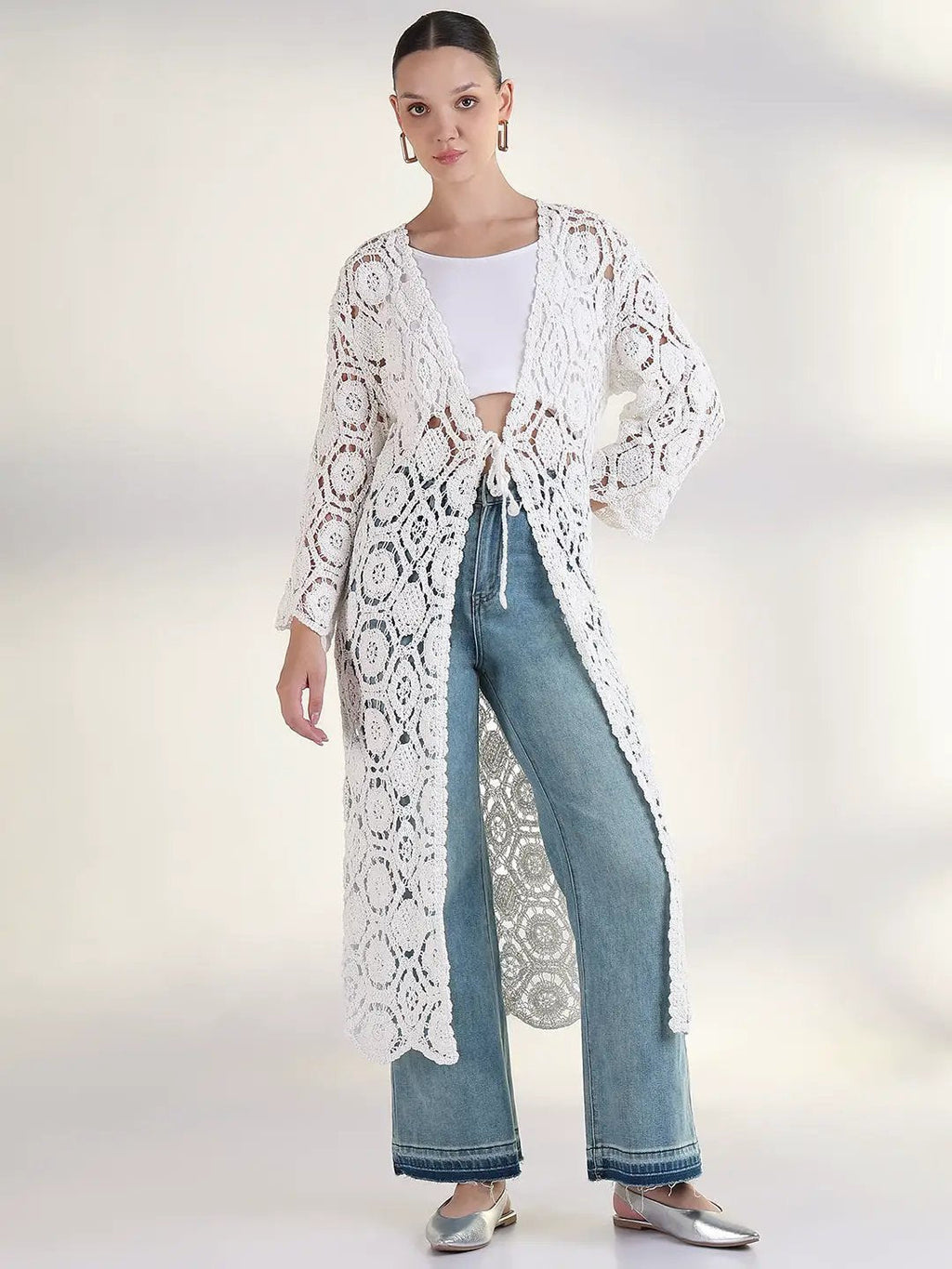 Women's Self Design White Longline Crochet Shrug